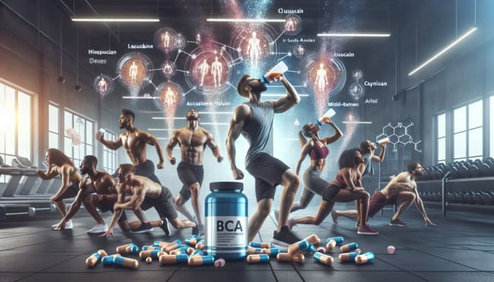 Athletes in a gym drinking BCAA supplements, with leucine, isoleucine, and valine visuals, showcasing muscle recovery and growth.