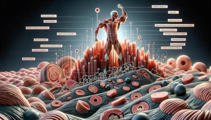 Long-Term Benefits of HMB: Cross-section of muscle fibers showing HMB's role in reducing protein breakdown and enhancing synthesis during resistance training.