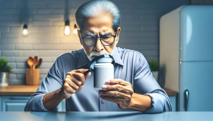 A senior using a magnifying glass to read multivitamin label in a cozy kitchen.