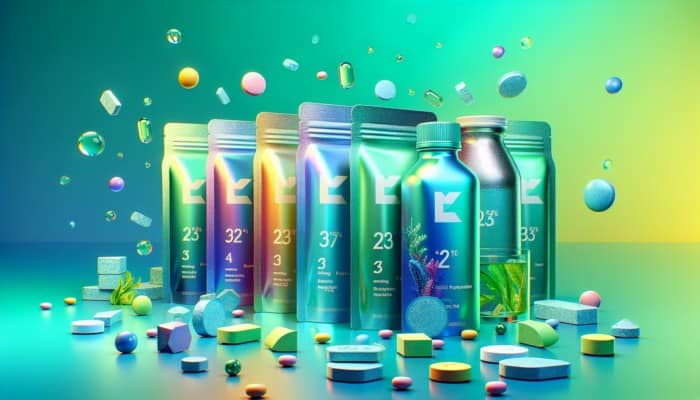 Electrolyte tablets with potassium, sodium, magnesium in modern packaging on blue and green gradient.