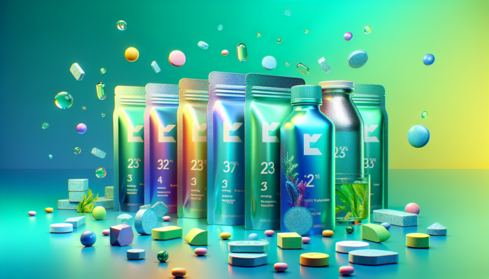Electrolyte tablets with potassium, sodium, magnesium in modern packaging on blue and green gradient.