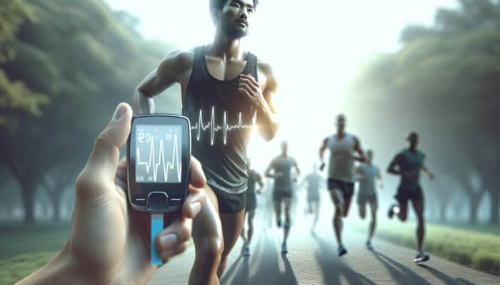 An athlete with diabetes monitoring blood sugar during a marathon for stable glucose and enhanced performance.