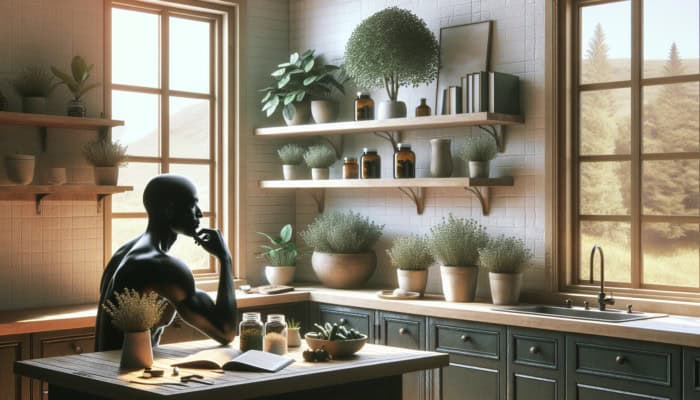 Meal Planning with Ashwagandha: A serene kitchen with ashwagandha plants, a person planning meals with supplements, surrounded by calming elements.