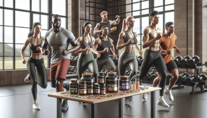 Supplements for Gym Beginners: Diverse new gym enthusiasts taking supplements, surrounded by bottles of vitamins and protein powders, enhancing their fitness journey.