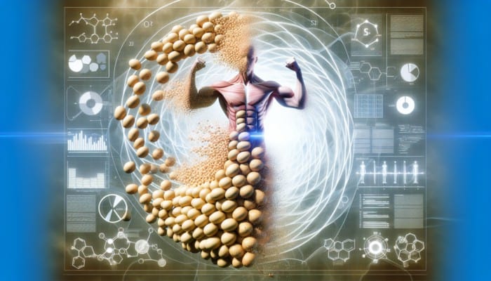 Plant-Based Protein Powders: Soybeans transforming into a muscular athlete, surrounded by amino acid molecules, symbolizing soy protein's power for muscle recovery and growth.