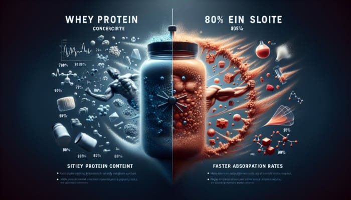 Best Protein Powders for Muscle Gain: Split image comparing Whey Protein Concentrate (70-80% protein) and Isolate (90%+), with graphs showing isolate's faster absorption post-workout.