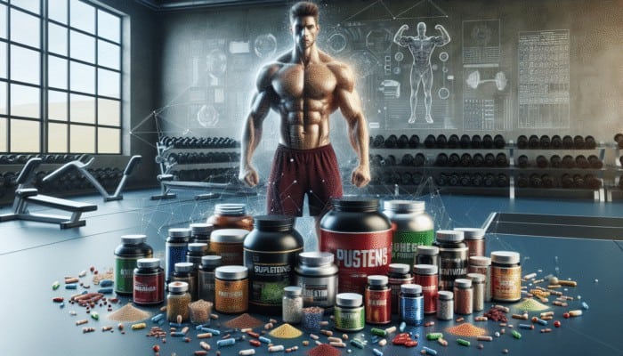 A muscular athlete with supplements and fitness equipment on a gym floor, showcasing physical gains.
