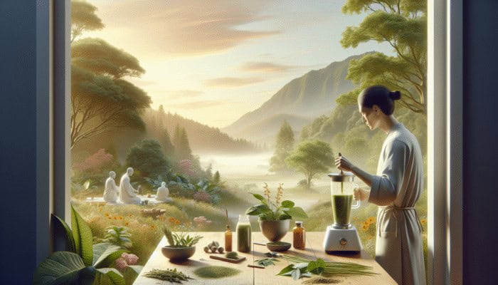 Person blending adaptogenic herbs into smoothie in nature, symbolizing wellness integration.
