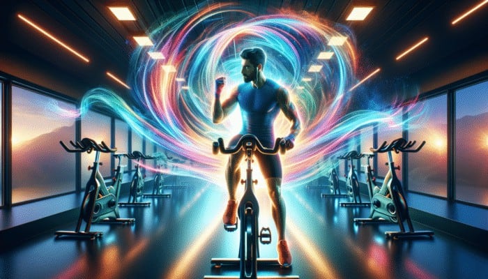 Person entering spin class, energized by pre-workout, ready to cycle with vibrant light trails.