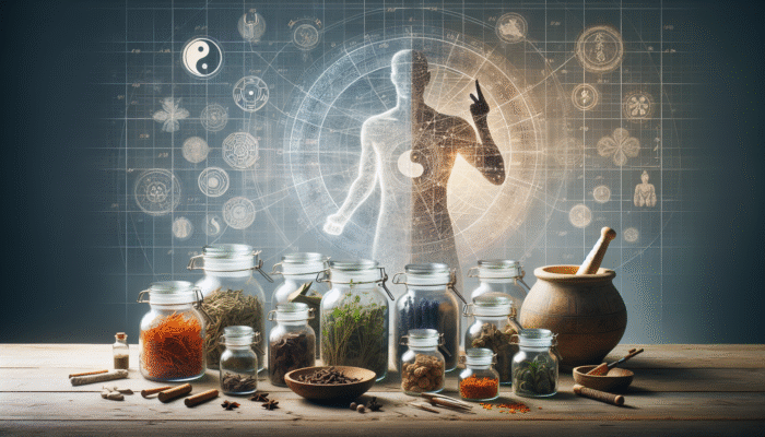 Jars of adaptogenic herbs like Ashwagandha and Ginseng in an ancient apothecary, with symbols of Ayurveda and Traditional Chinese Medicine, and a modern athlete's silhouette.