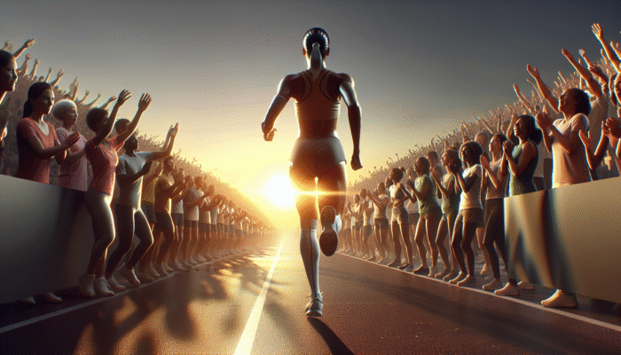Athlete at sunrise marathon finish, empowered by adaptogens, symbolizing peak performance with cheering crowd.
