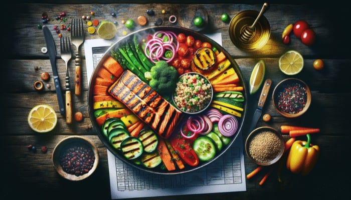 Grilled salmon, quinoa, and colorful vegetables on a rustic wooden table, steam rising.