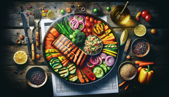 Grilled salmon, quinoa, and colorful vegetables on a rustic wooden table, steam rising.