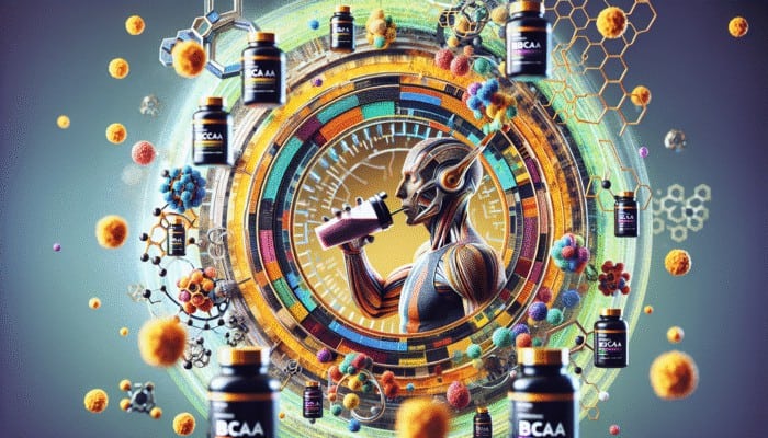 Triathlete drinking protein shake post-race, surrounded by BCAAs and supplements, muscle fibers repairing in gym.