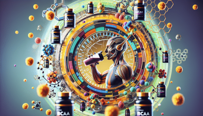 Triathlete drinking protein shake post-race, surrounded by BCAAs and supplements, muscle fibers repairing in gym.