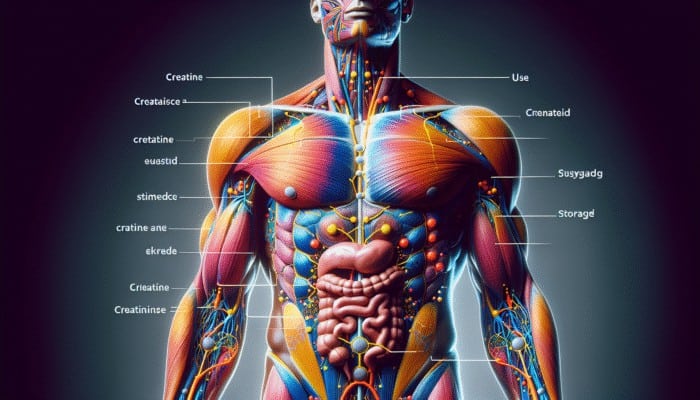 Creatine for Rugby Players: Detailed anatomical diagram showing creatine synthesis, storage, and utilization in the human body.
