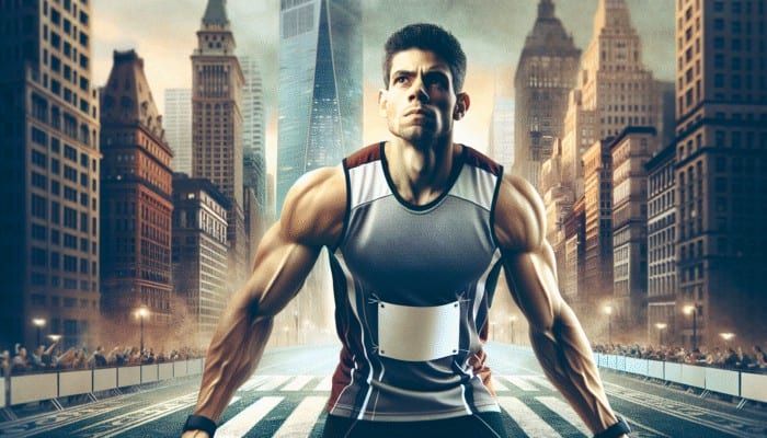 Pre-Workout Rituals of Pros: Athlete at starting line, heart racing, visualizing finish in NYC marathon, skyline backdrop.