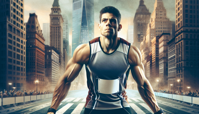 Pre-Workout Rituals of Pros: Athlete at starting line, heart racing, visualizing finish in NYC marathon, skyline backdrop.