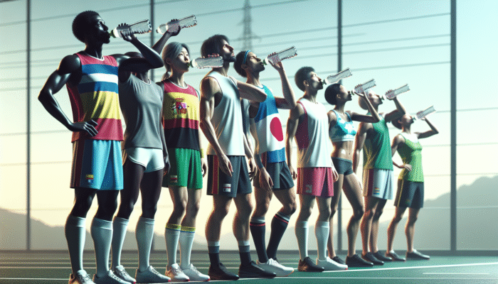 Diverse athletes from Spain and Tokyo hydrating with water and electrolytes during sports training.
