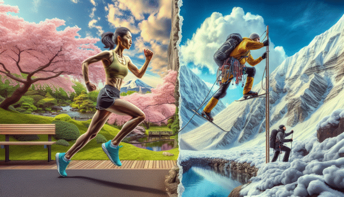 Athlete jogging in Tokyo park and mountaineer scaling Himalayas, both with fluid joint movements.
