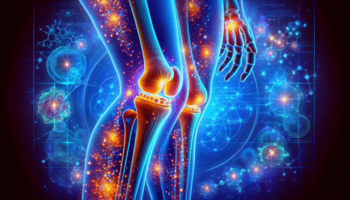 Illustration of a joint with glowing collagen peptides enhancing health and mobility, with scientific diagrams.