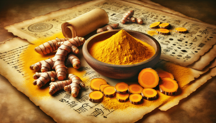 Vibrant yellow turmeric root slices and powder in a wooden bowl, with ancient texts and modern research papers on curcumin's anti-inflammatory effects.