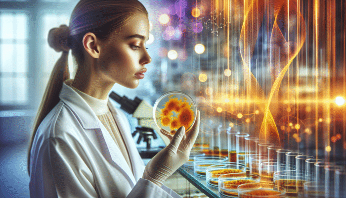 A scientist examines turmeric extracts in petri dishes, surrounded by charts showing anti-inflammatory effects.