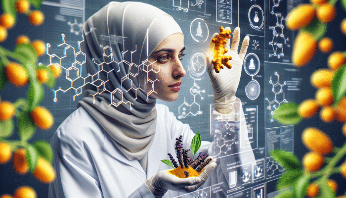 A scientist examines turmeric root and black pepper plant with curcumin and piperine molecular diagrams in background.