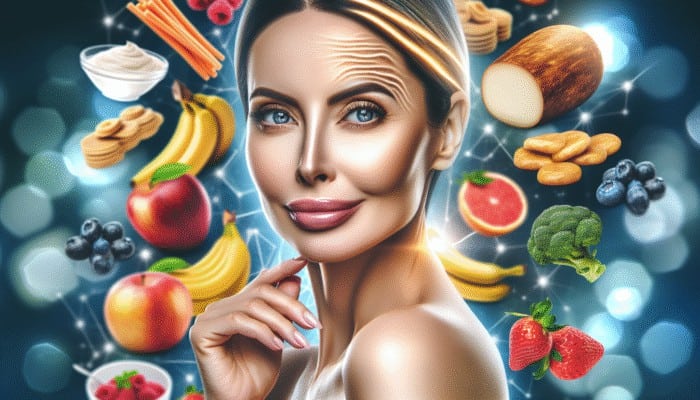 A vibrant woman with youthful, elastic skin and reduced wrinkles, surrounded by collagen-rich foods.