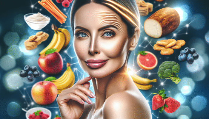 A vibrant woman with youthful, elastic skin and reduced wrinkles, surrounded by collagen-rich foods.