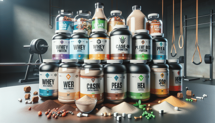 Assortment of protein powders on table: whey, casein, plant-based options, gym equipment, vegan symbols.
