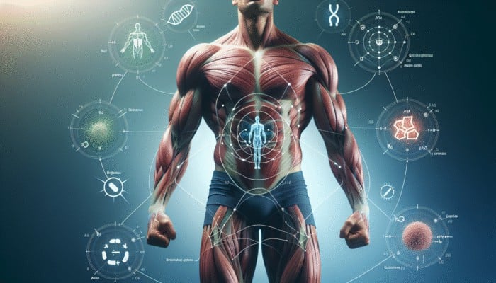 Athlete using recovery stacks, muscle fibers repairing and growing, symbols of protein, BCAAs, glutamine.