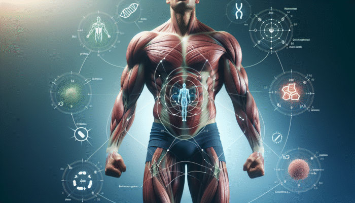 Athlete using recovery stacks, muscle fibers repairing and growing, symbols of protein, BCAAs, glutamine.