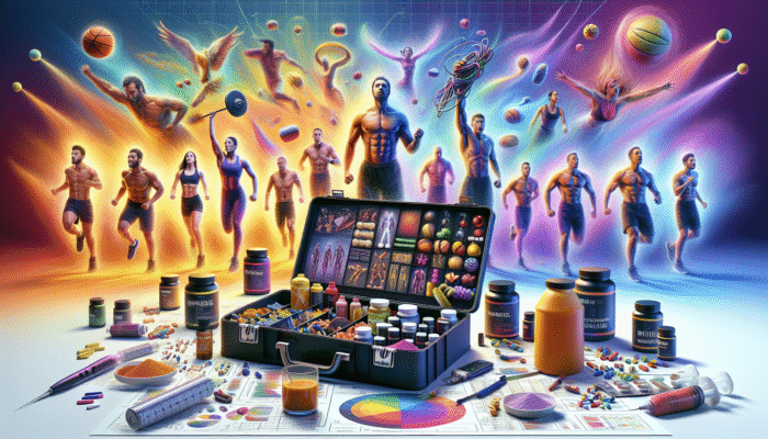 A toolkit labeled "Recovery Stacks" with supplements, surrounded by athletes showing muscle recovery and vitality.