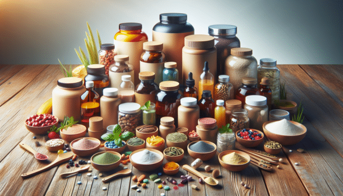 Assorted supplement bottles and natural ingredients for recovery on a wooden table.