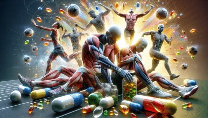 Athletes recovering with glowing Vitamin C, E, magnesium, and zinc capsules, aiding muscle and joint repair.