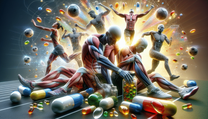 Athletes recovering with glowing Vitamin C, E, magnesium, and zinc capsules, aiding muscle and joint repair.