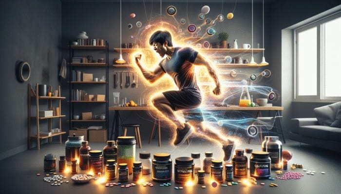Supplements for Home Workouts: Person intensely working out at home with caffeine pills and energy drinks, showing increased focus and stamina.