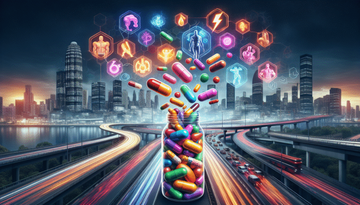 Multivitamin capsules spilling from bottle, with energy symbols and city backdrop.
