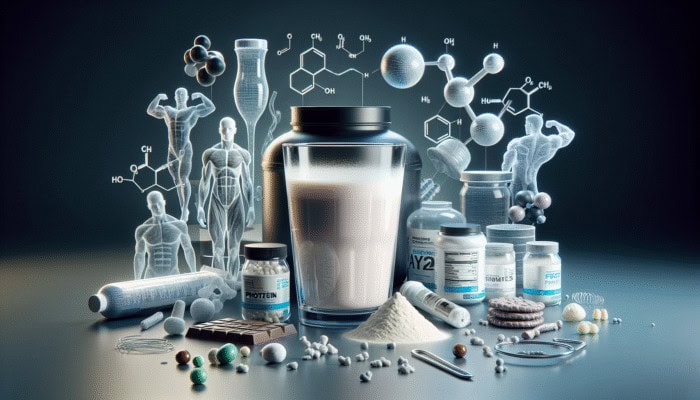 Understanding Whey Protein Basics: Clear glass of creamy whey protein liquid with amino acids, muscle fibers, and protein products.