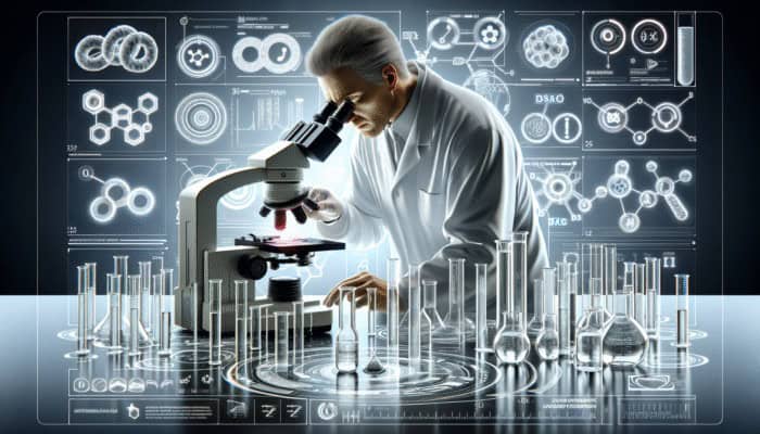 A scientist adjusting a microscope with Beta-Alanine bottles and dosage charts in a lab.