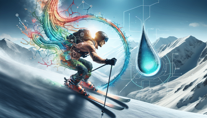 Hydration for Ski Training: A skier with a hydration pack skillfully navigates snowy terrains, demonstrating the importance of hydration for performance and endurance.
