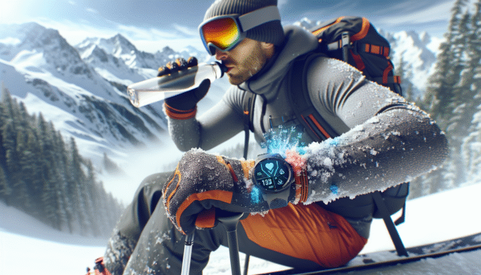 A skier in cold weather gear drinking from a water bottle on a snowy slope, with a hydration schedule on a smartwatch.