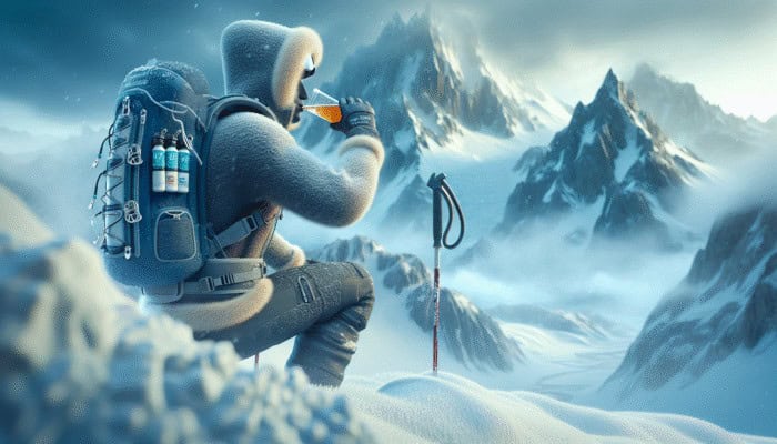 A skier sipping from a hydration pack and holding a warm beverage on snowy slopes.
