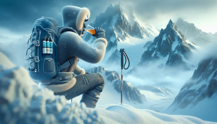 A skier sipping from a hydration pack and holding a warm beverage on snowy slopes.