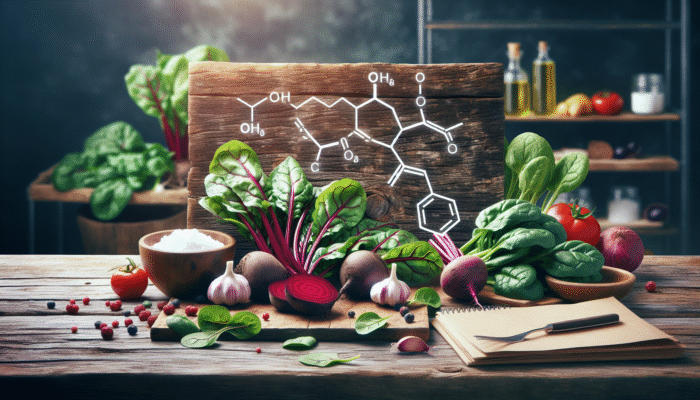 Foods rich in nitrates like beets, spinach, and garlic on a rustic table, with nitric oxide molecules.