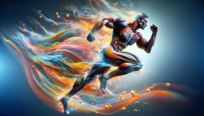 Supplements for Explosive Performance: A muscular athlete sprinting with glowing creatine molecules enhancing ATP, dynamic background.