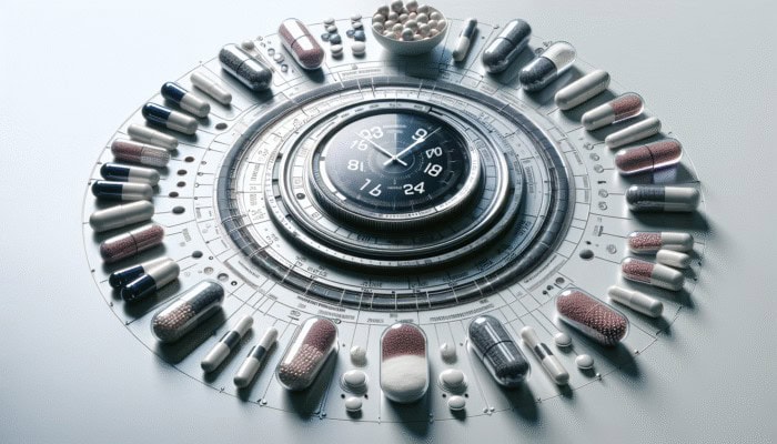 A digital clock with performance supplements in capsules and powders arranged strategically on a white surface.