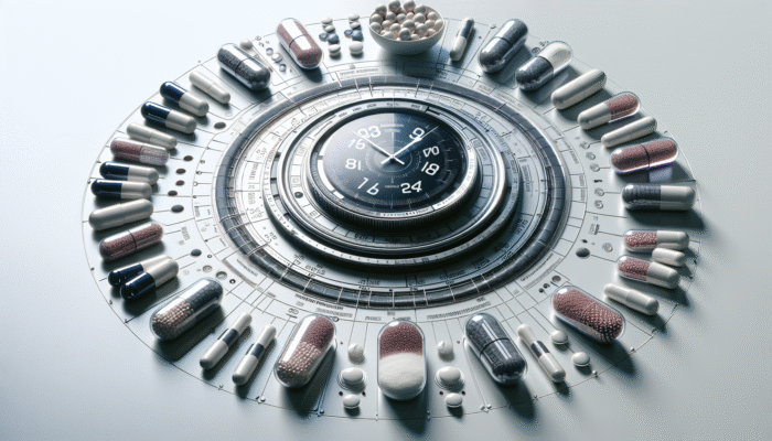 A digital clock with performance supplements in capsules and powders arranged strategically on a white surface.