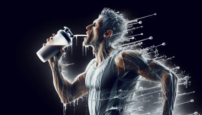 A sprinter drinks a creatine shake with protein and carbs post-workout, enhancing muscle recovery.